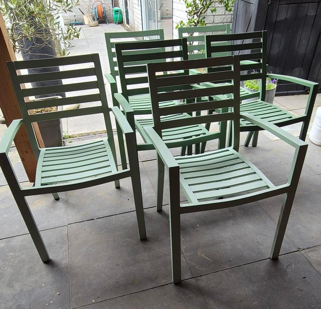 Te koop: 6 groene stapelbare aluminium tuinstoelen., Ophalen, Zo goed als nieuw, Aluminium, Stapelbaar