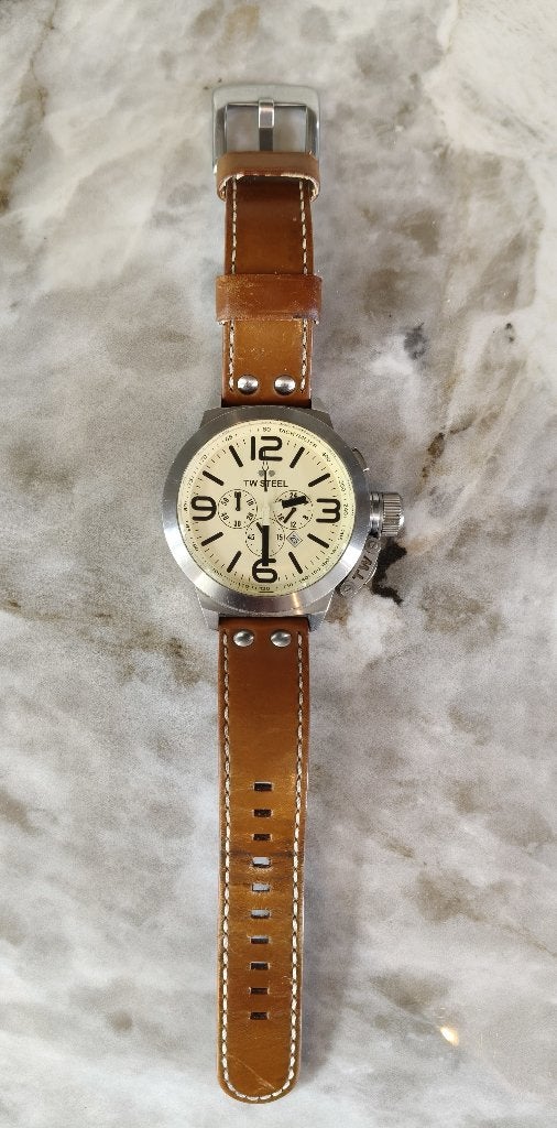 TW Steel Canteen Chronograph model TW3R, Sieraden, Tassen en Uiterlijk, Overige merken, Leer, Staal, Polshorloge