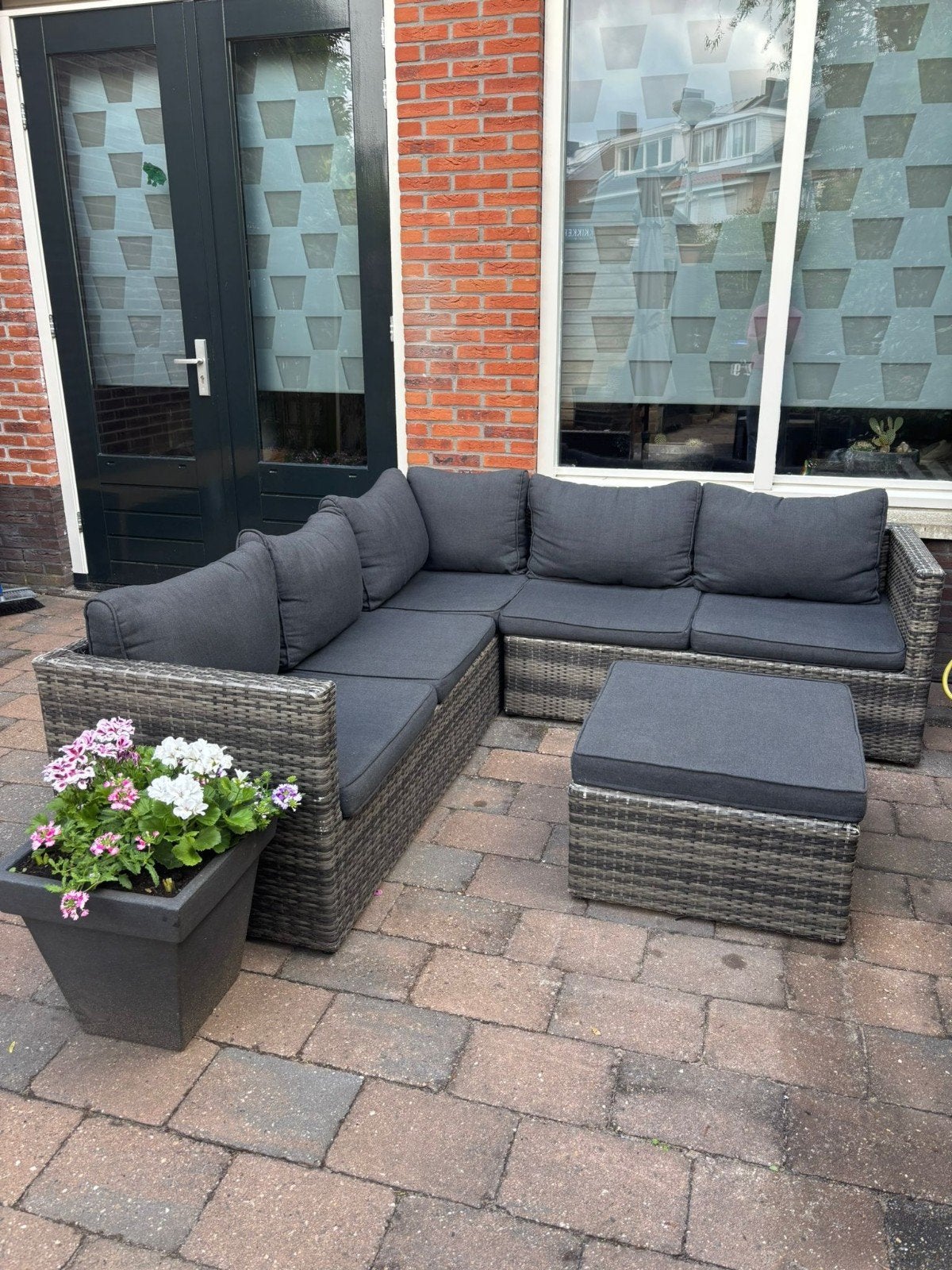 Hoekloungeset met hocker, Tuin en Terras, Ophalen, 5 zitplaatsen, Gebruikt, Hocker
