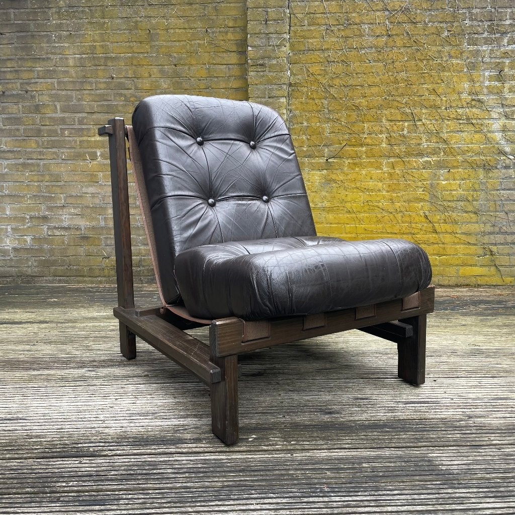 Carl Straub brutalist fauteuil, lounge chair '70, Ophalen, 125 tot 150 cm, Hout, Nvt