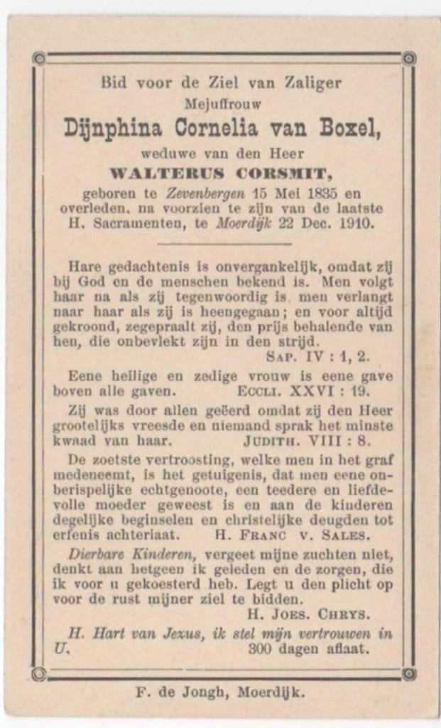 Dynphina C. van Boxel 1835 Zevenbergen + 1910 Moerdijk, Verzenden