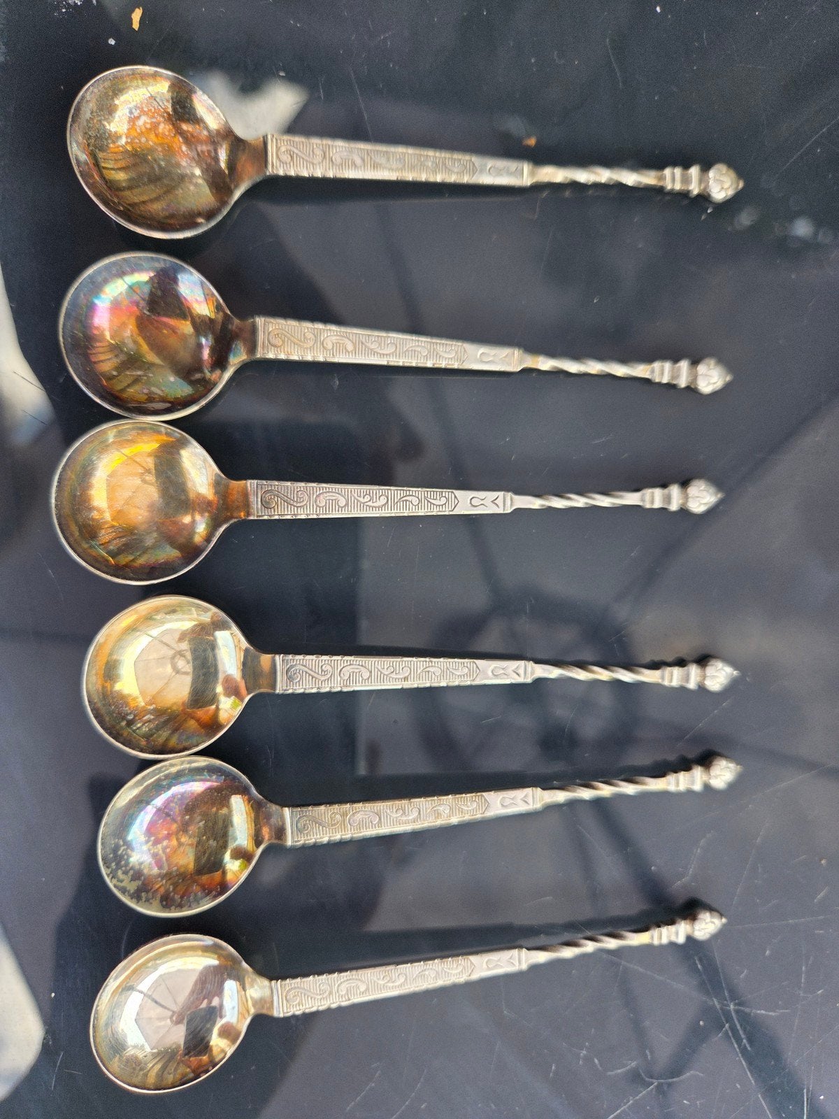 Set van 6 antieke zilveren theelepels met gedraaide steel, Ophalen of Verzenden