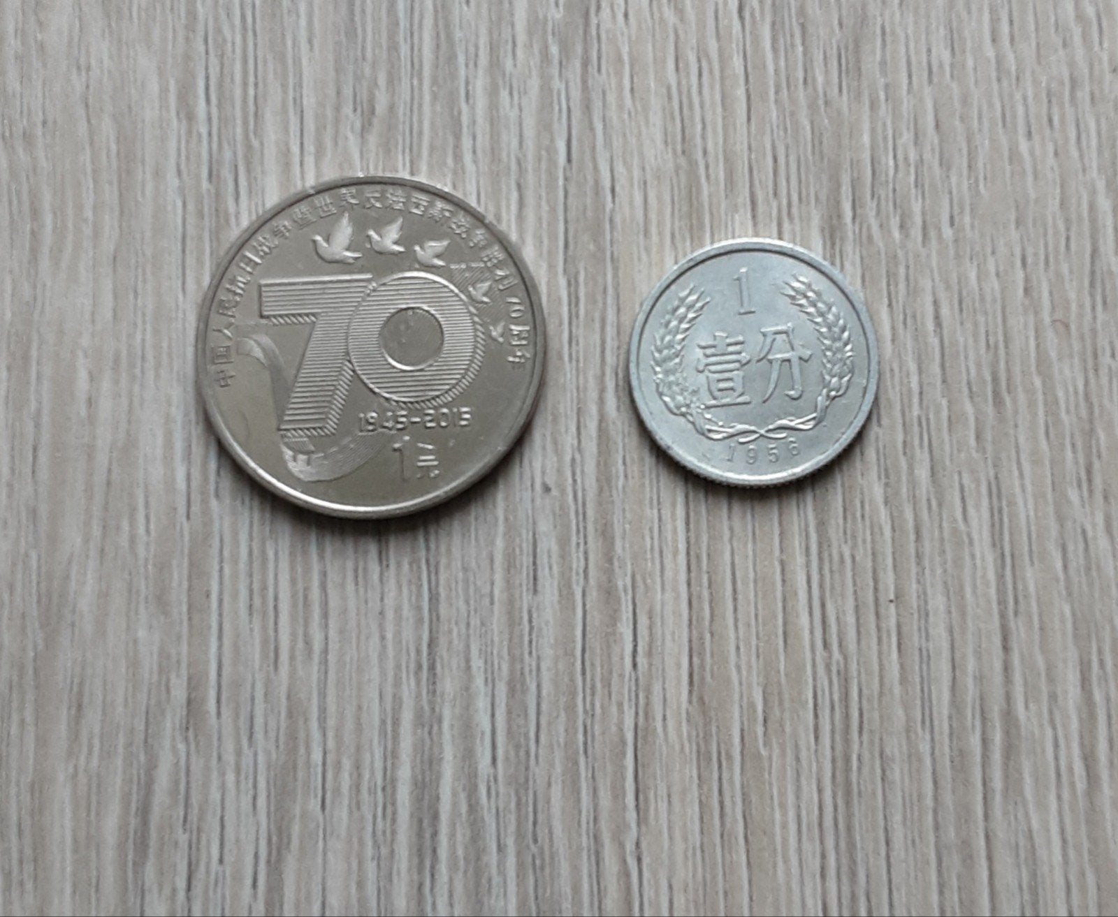 Twee Chinese munten: 1 Fen 1956 en 1 Yuan 2015, Ophalen of Verzenden, Oost-Azië, Setje