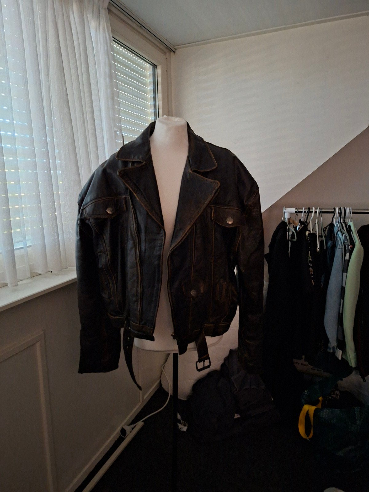 Vintage leren jas XL - Donkerbruin met unieke voering, Ophalen of Verzenden, Tweedehands, Heren, Jas | leer