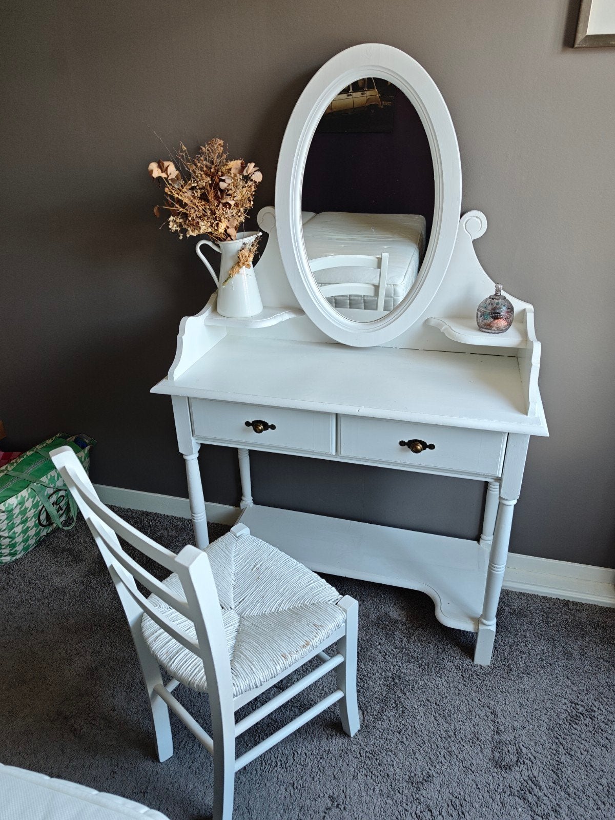 Witte kaptafel met spiegel van grenen hout, met stoel, Huis en Inrichting, Ophalen, Gebruikt, Hout, 50 tot 100 cm