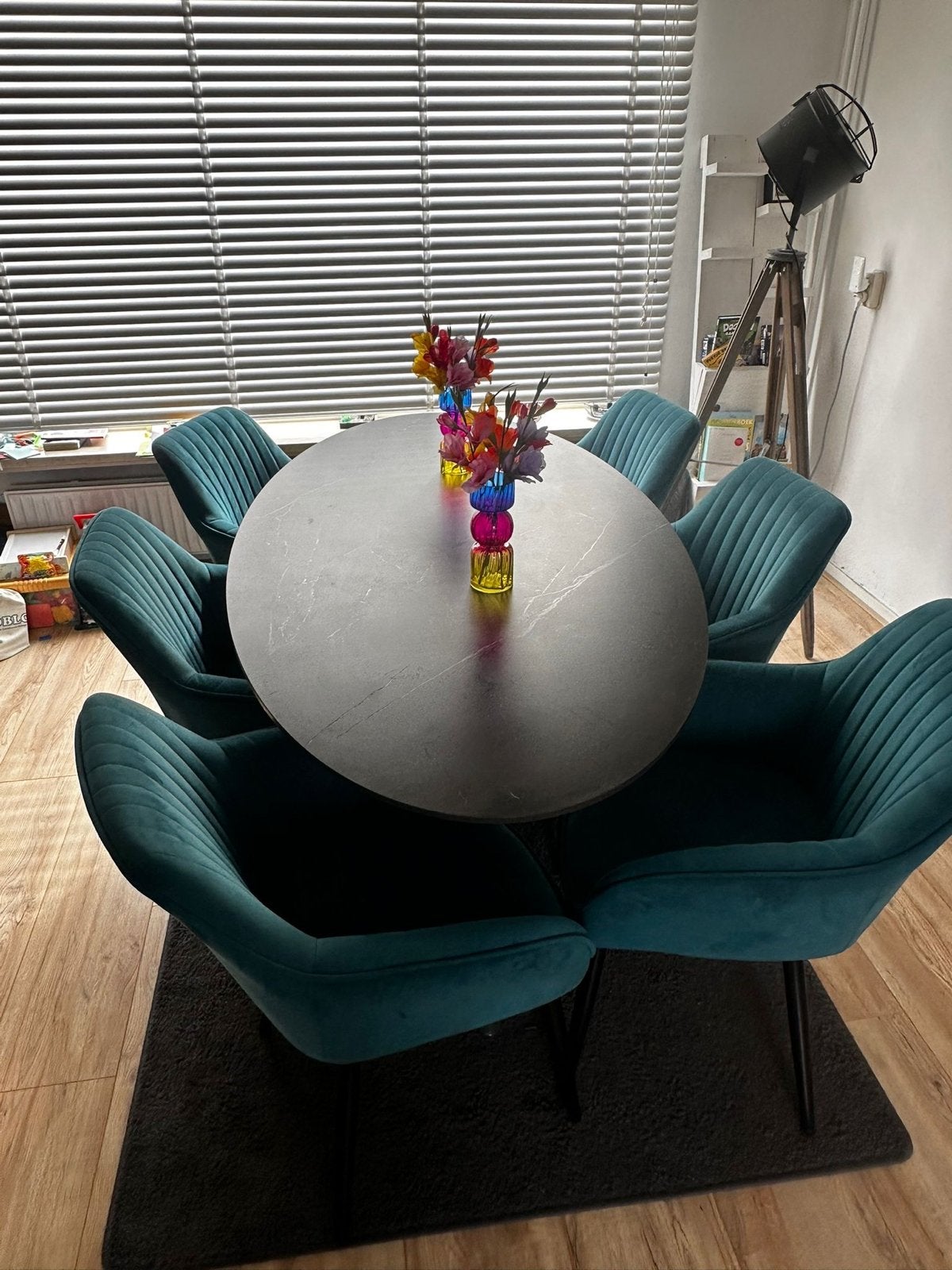 Elegante eetkamerstoelen set van 6 - Petrol fluweel, Gebruikt, Overige kleuren, Ophalen of Verzenden, Metaal