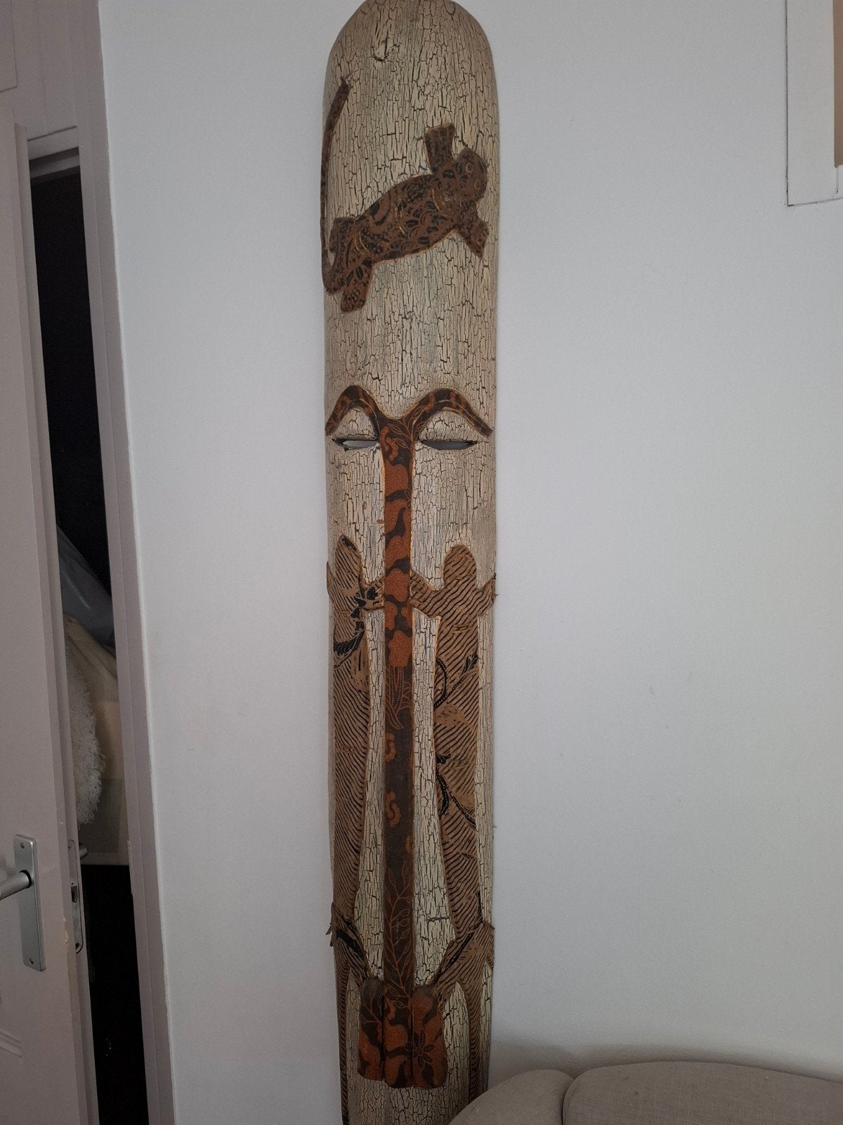Afrikaans houten masker met luipaarddecoratie, Gesneden, Afrika, Masker, Meerkleurig
