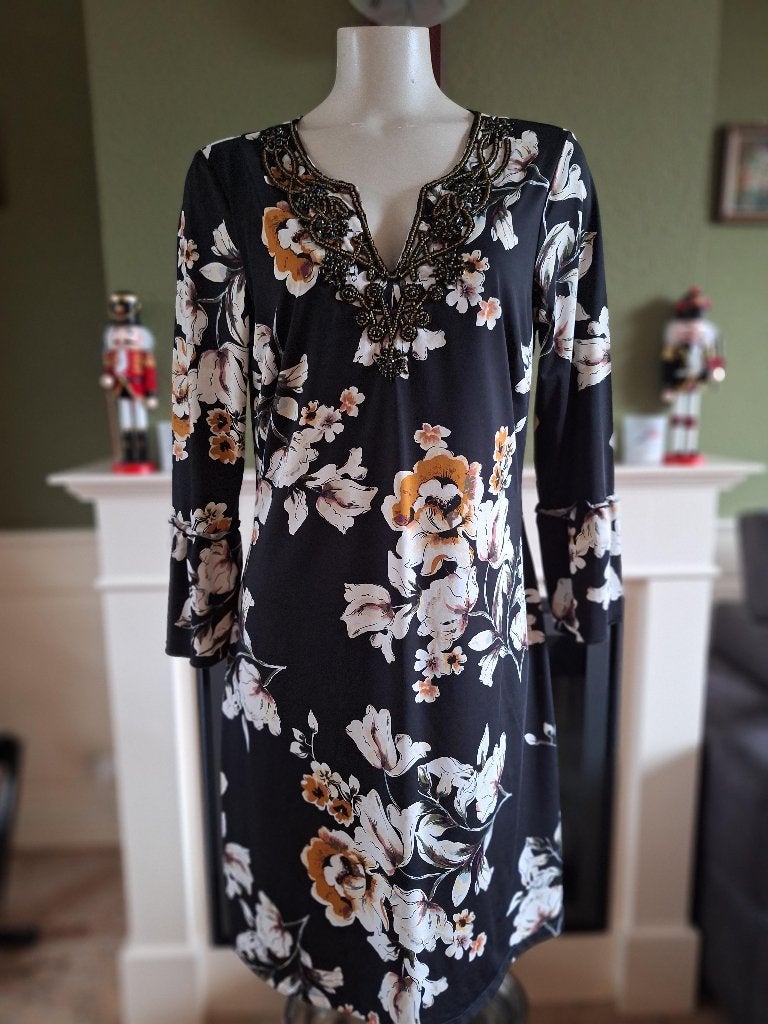 K-Design K Design bloemen jurk L mooie hals, K-design, Verzenden, Zwart, Maat 42/44 (L)