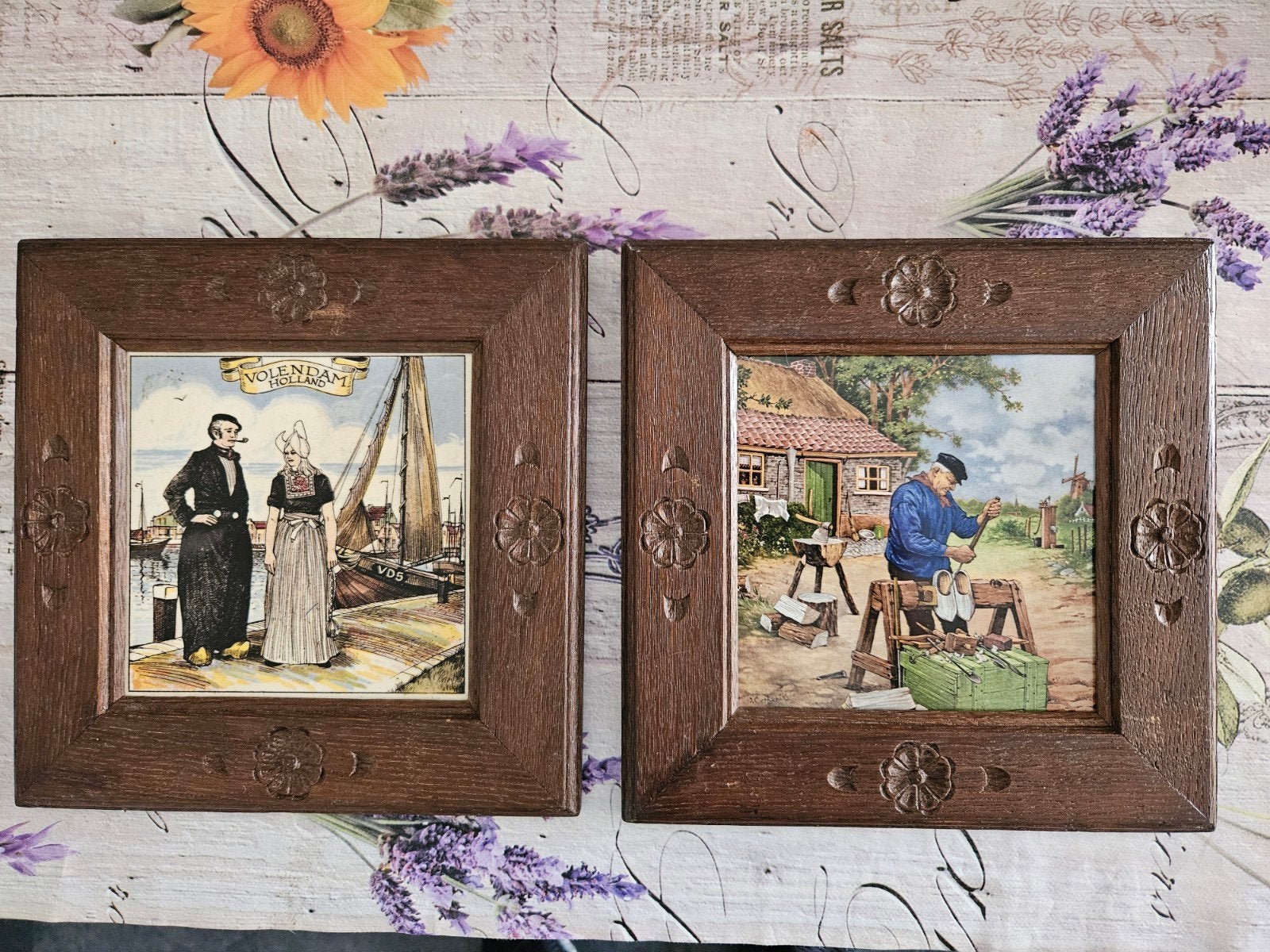 Set van 2 Vintage Volendam Holland Tegeltjes in Houten Lijst, Antiek en Kunst, Ophalen of Verzenden