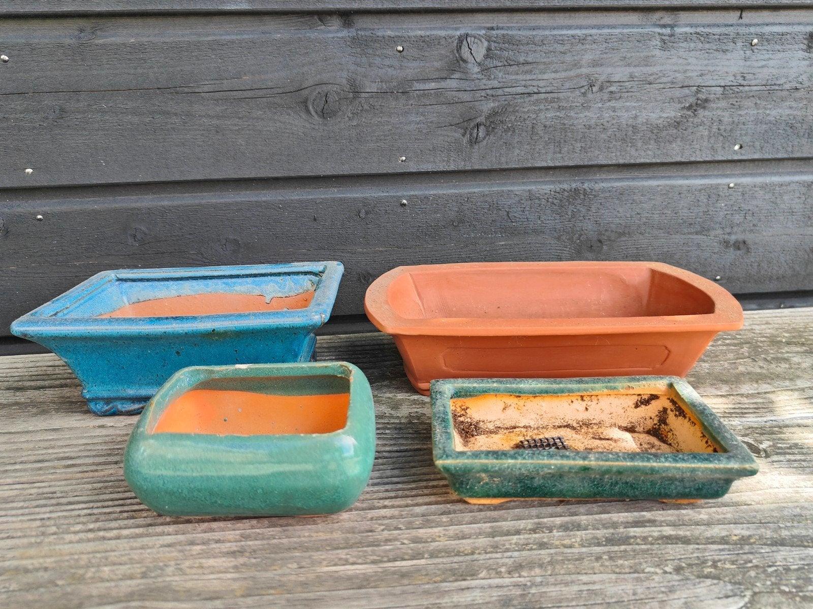 Bonsai potjes 4 stuks groen/terracotta/blauw, Tuin en Terras, Gebruikt, Ophalen of Verzenden, Rechthoekig, Minder dan 40 cm