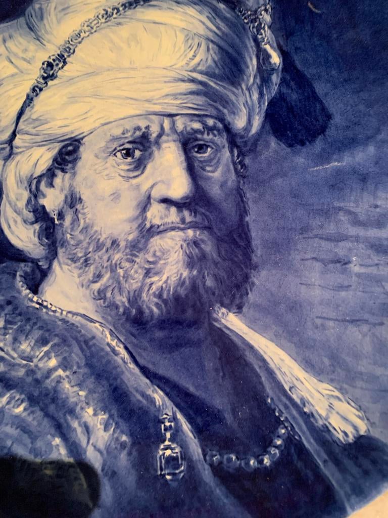 Antieke Delfts Blauw sierbord met portret van Rembrandt, Ophalen of Verzenden