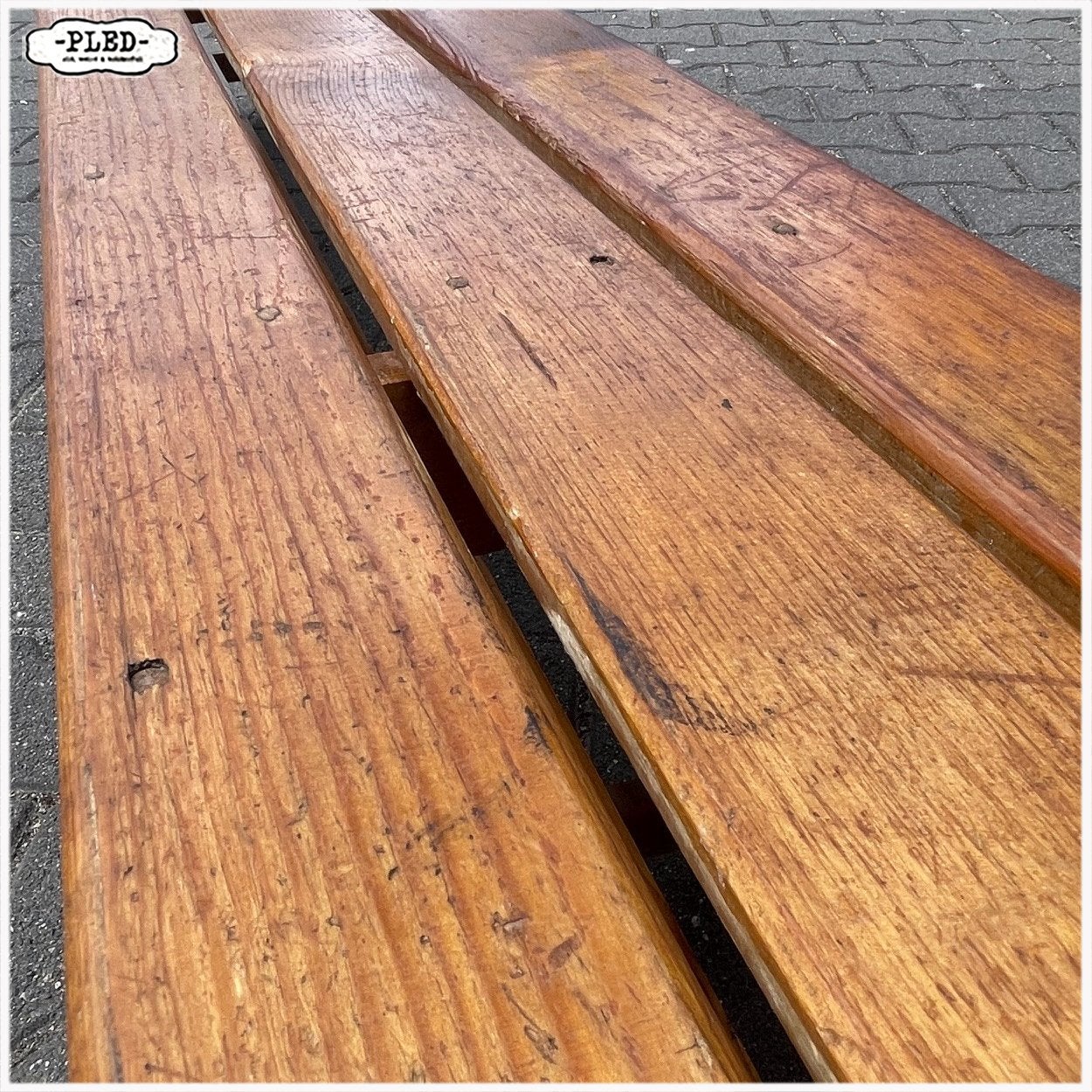 Vintage gymbank Schoolbank met schoenenrek 303cm lang, Ophalen
