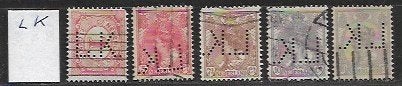 Perfins Nederland  - - -   5  zegels  met  Perfin  LK, Verzenden, T/m 1940, Gestempeld