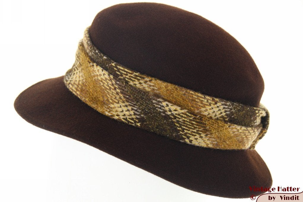 Vintage Dameshoed M-Hute bruin vilt met wollen band 56, M Hute Mutze, 56 of 57 cm (M, 7 of 7⅛ inch), Hoed, Ophalen of Verzenden