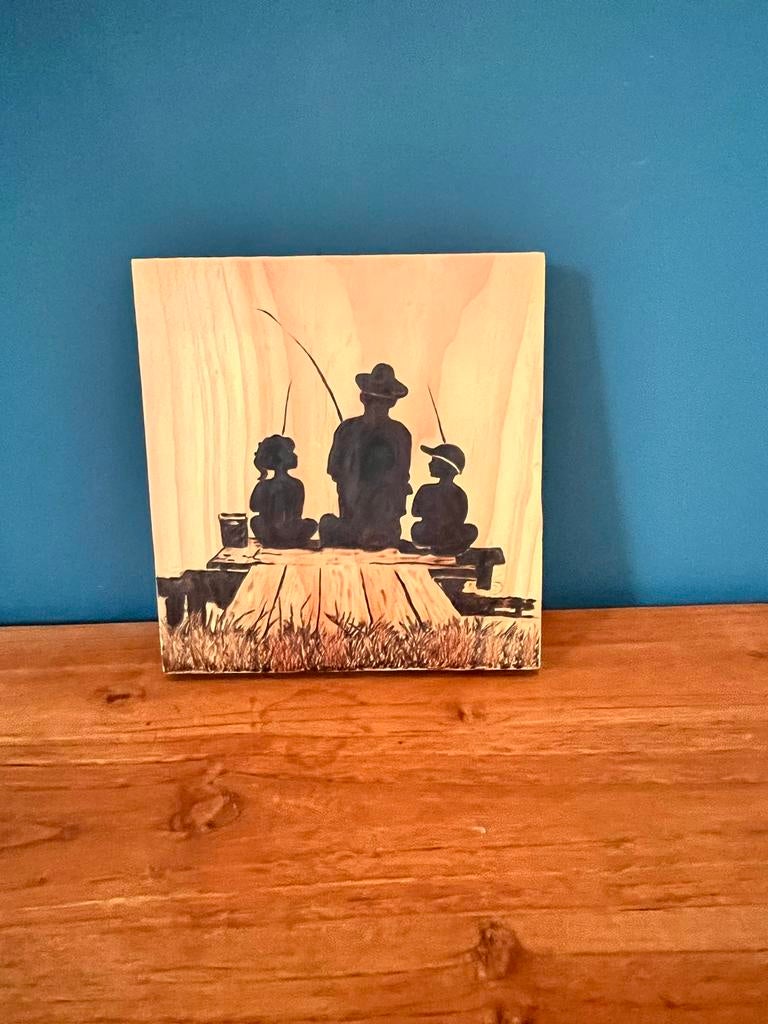 Houten kunstwerk visser met kinderen, Minder dan 50 cm, Oorspronkelijke maker, Overige typen, Nieuw