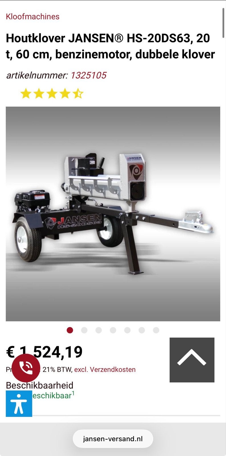 Te huur:Jansen Houtklover HS-20DS63 - 20 ton, benzine, 60 cm, Ophalen of Verzenden, Gebruikt, Benzine, Liggend