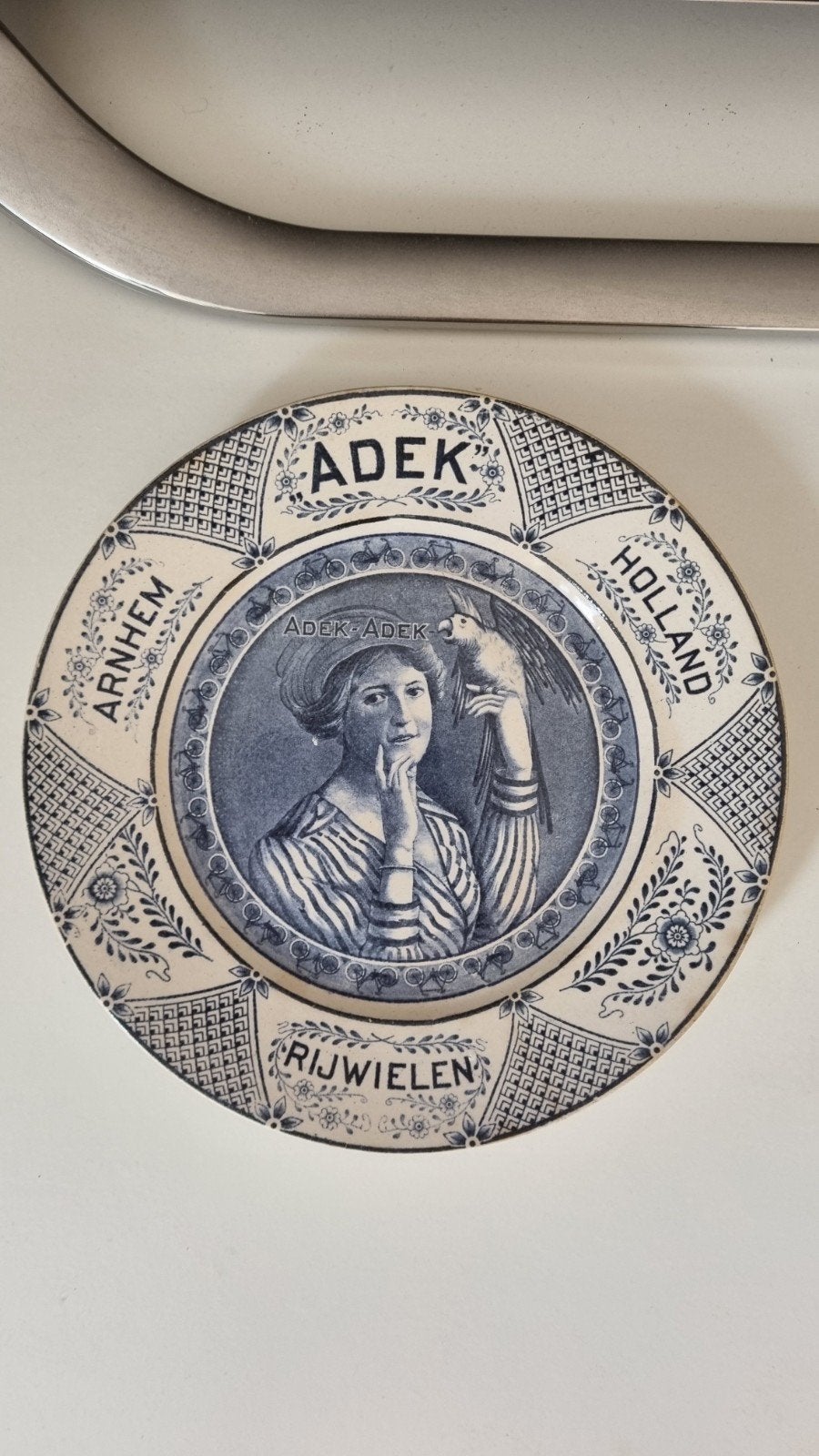 Antiek Delfts Blauw A.D.E.K. Rijwielen Reclamebord, Ophalen