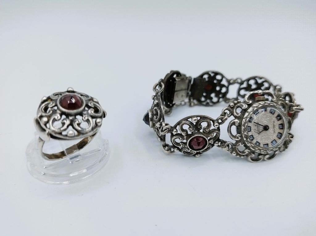 Zilveren Ring en Horloge Armband Set met Rode Stenen, Info@zilverwebsite.nl, Verzenden, Zo goed als nieuw, Zilverwebsite.nl