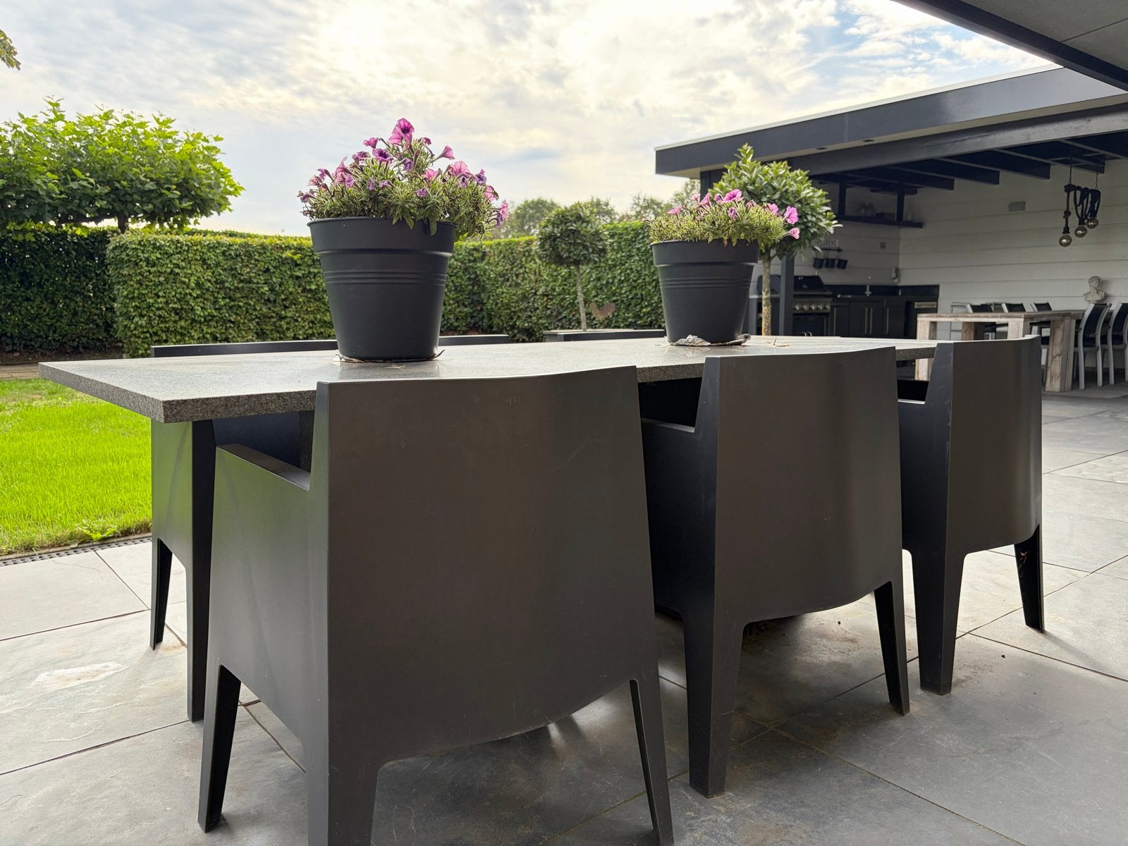 Tuinset met granieten blad en 6 stoelen, Ophalen, Gebruikt, Rechthoekig, Overige materialen