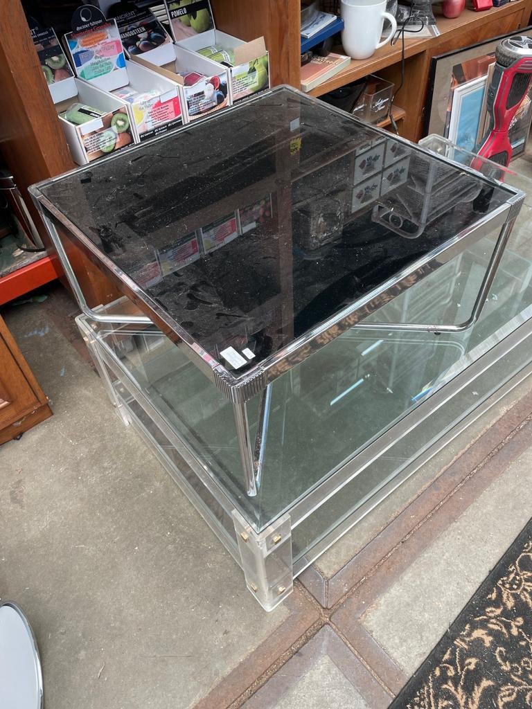 Stijlvolle glazen salontafel met chromen onderstel, Gebruikt, Glas, Onbekend, Modern