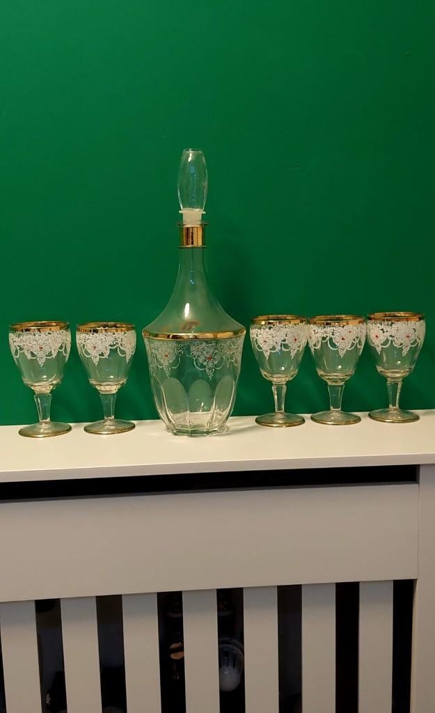 Vintage Boheems karaf + 5 glazen, Glas of Glazen, Eu, Gebruikt, Eu
