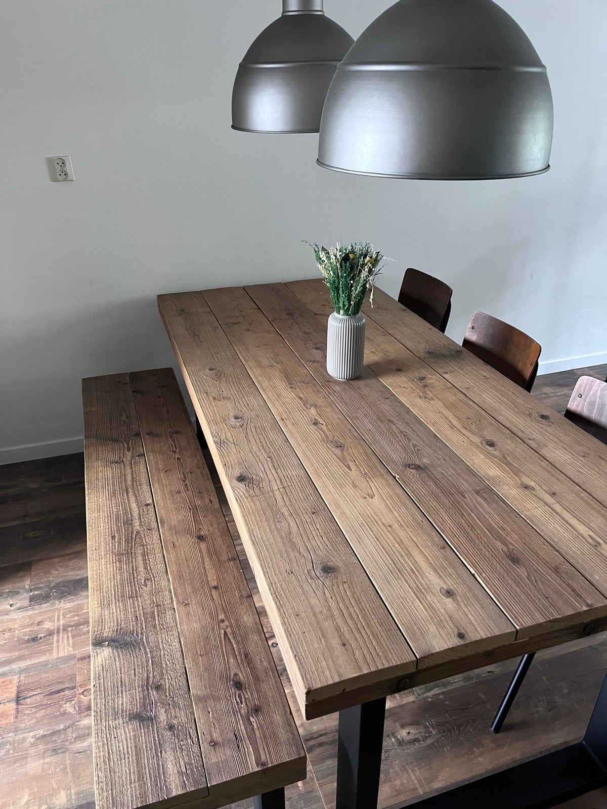 Steigerhouten eettafel met bank en stalen poten, Ophalen, Gebruikt, 200 cm of meer, 50 tot 100 cm