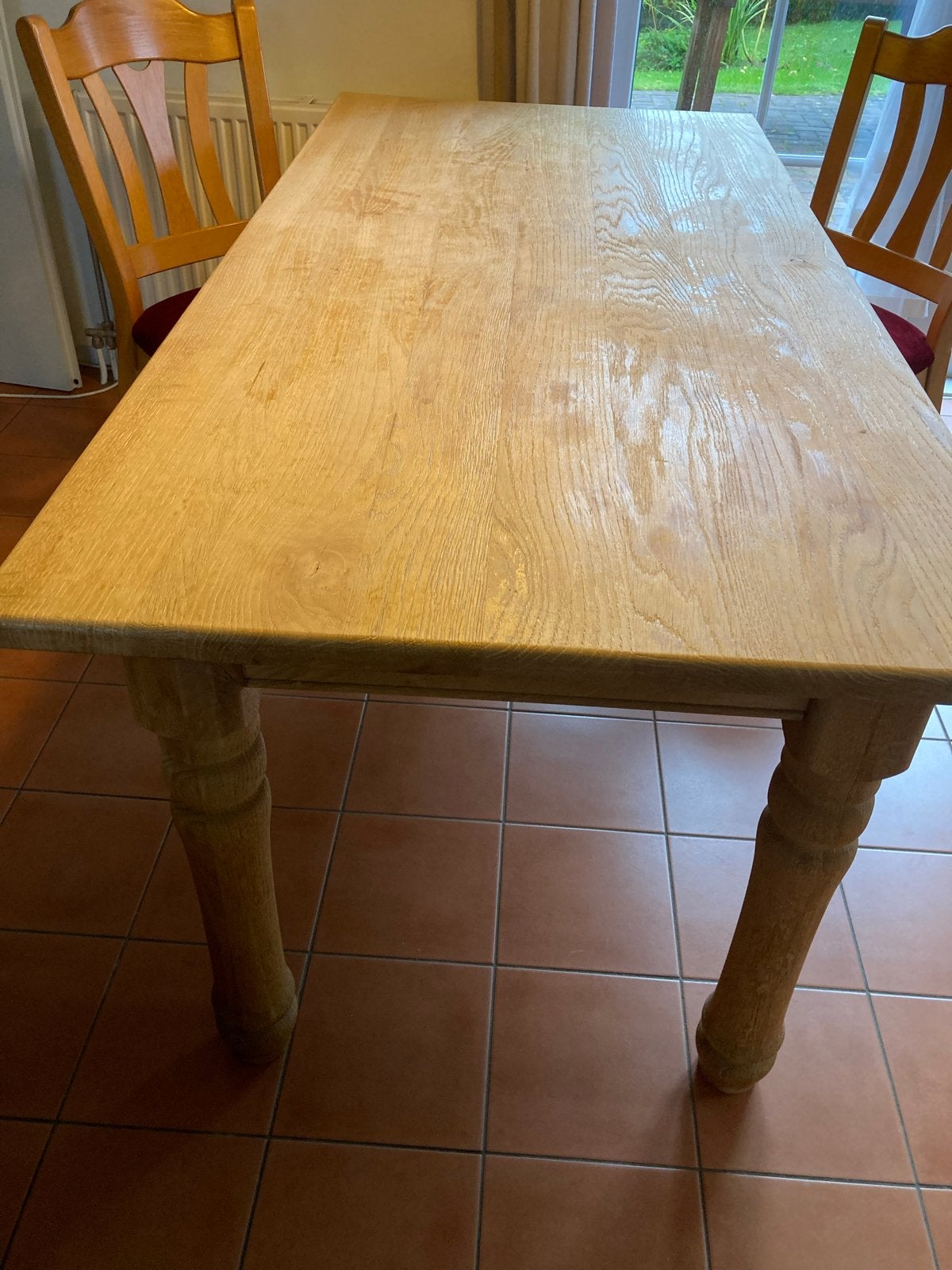 Massief eiken eettafel met lade, Ophalen, Gebruikt, Eikenhout, 50 tot 100 cm