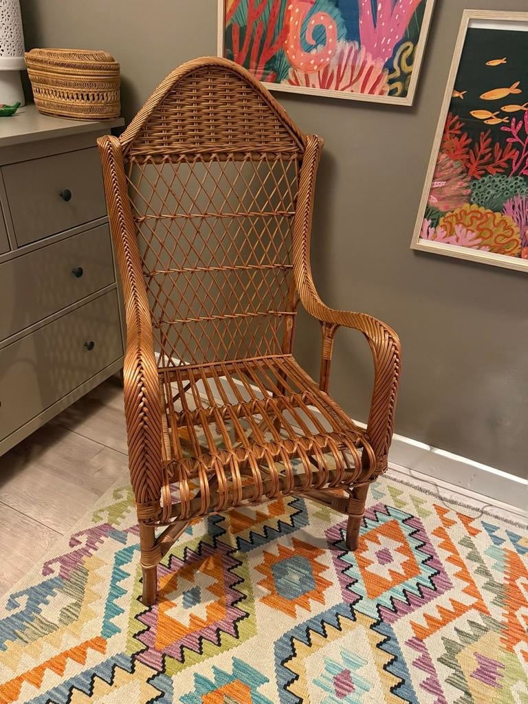 Grote Rotan Riet Vintage Stoel - Boho Ibiza Stijl, Gebruikt, Bruin, Riet of Rotan, Ophalen of Verzenden
