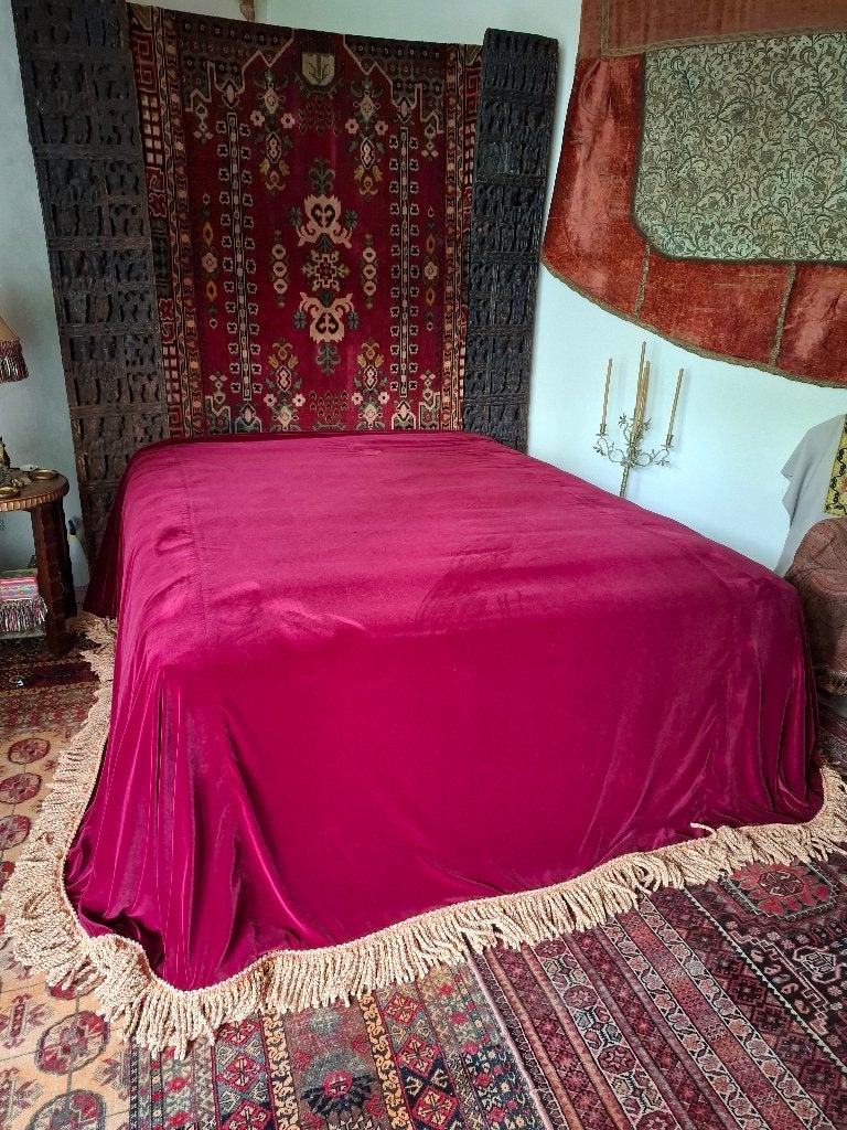 Rood velours/fluwelen boho sprei met antieke bullion-franje, Verzenden