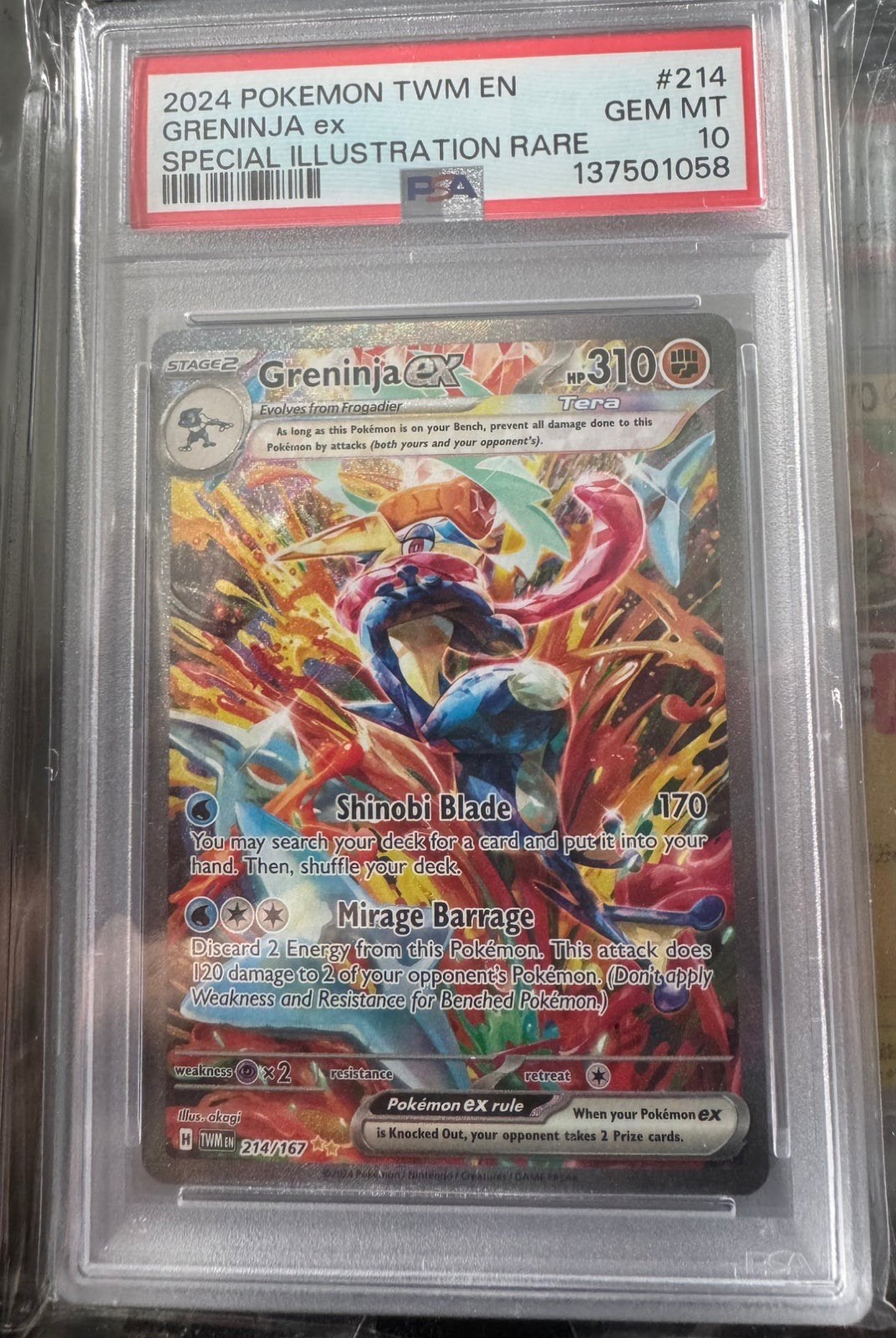 Greninja Ex (TWM #214) PSA 10, Ophalen of Verzenden, Nieuw, Losse kaart, Foil