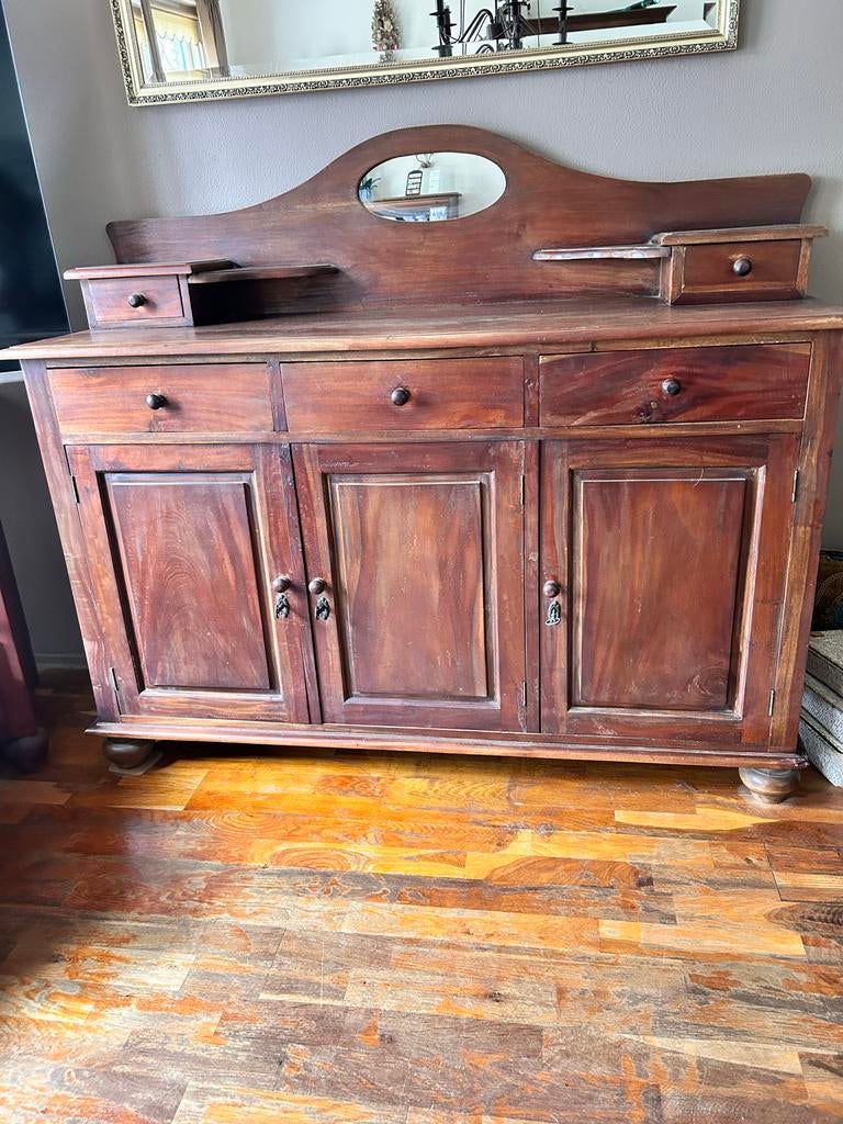 Houten dressoir met spiegel en lades, Huis en Inrichting, Kasten | Dressoirs, Gebruikt, 100 tot 150 cm, 25 tot 50 cm, Met lade(s)