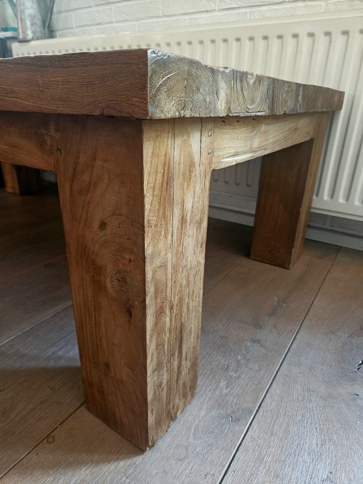 Massief Indo-teak salontafel 140x80x45 cm, Ophalen, Gebruikt, 100 tot 150 cm, Teakhout