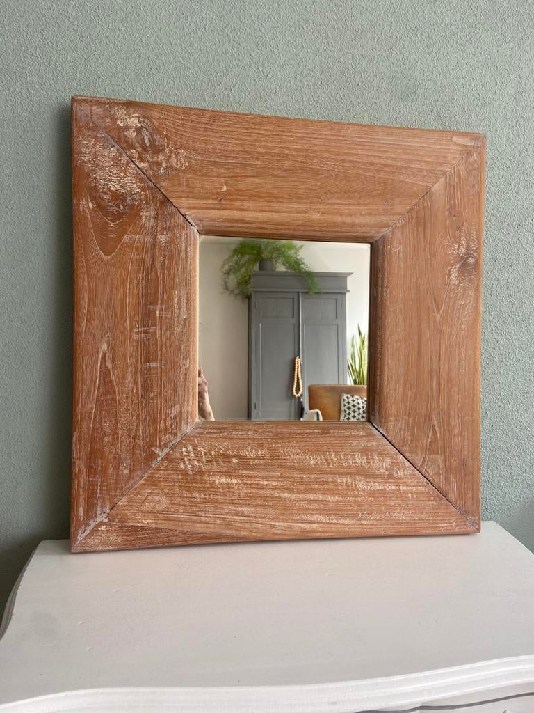 Teakhouten spiegel, Gebruikt, Vierkant, Ophalen of Verzenden, Minder dan 100 cm