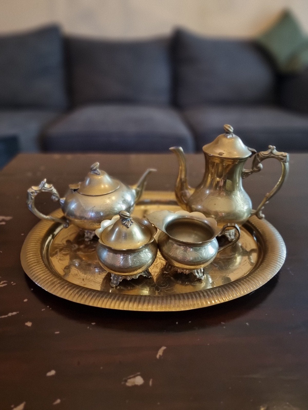EPNS Engels koffiepot, theepot, suikerpot, melkkan, dienblad, Antiek en Kunst, Ophalen of Verzenden