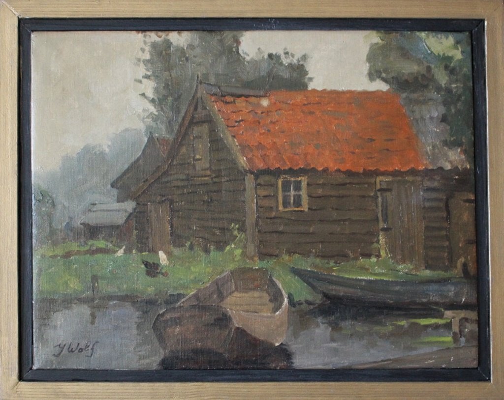 Jacob Wolf, Hilversum 1903 – 1962, Fraaie olieverf., Landschap, Olieverf, Klassiek, Doek