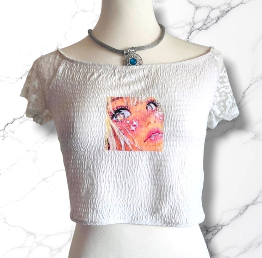 Jennyfer witte crop top met kant en print - Maat S, Wit, Ophalen of Verzenden, Korte mouw, Maat 36 (S)