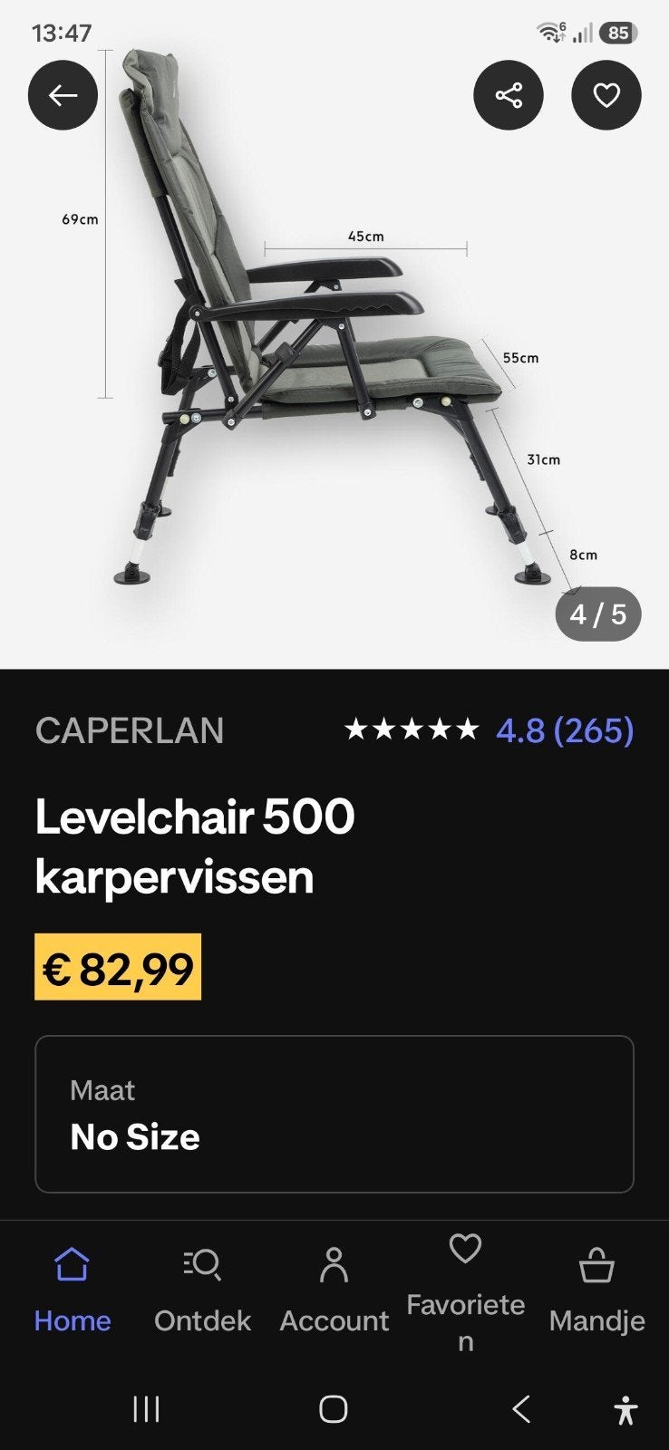Caperlan Levelchair 500 visstoel - Zo goed als nieuw, Watersport en Boten, Ophalen, Zo goed als nieuw, Overige typen