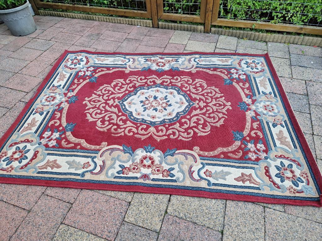 Elegant barok vloerkleed – Rood, beige krulpatroon&diepblauw, Ophalen, Crème, 150 tot 200 cm, 200 cm of meer