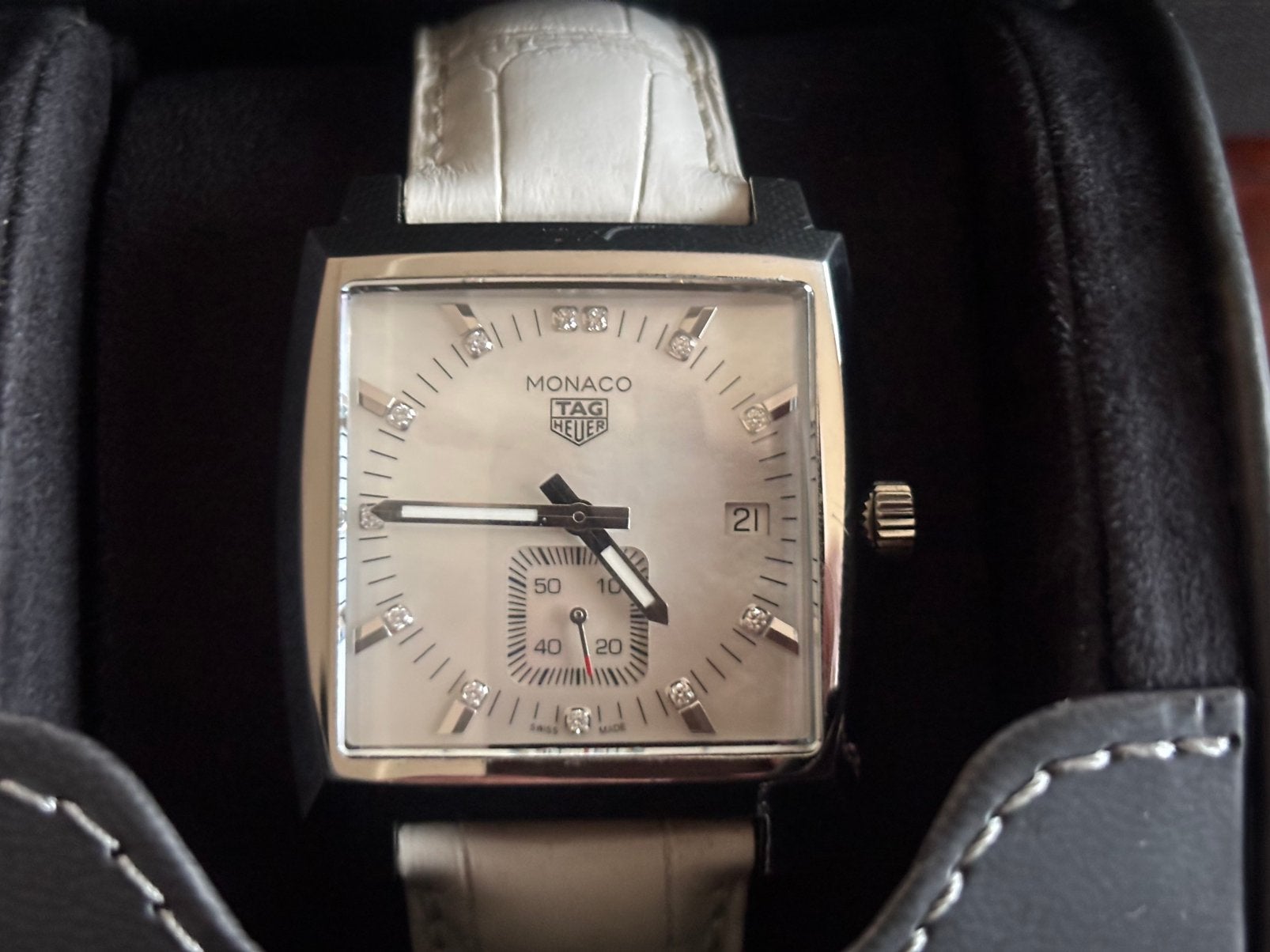 Mooie Tag Heuer Monaco parelmoer met diamant, Ophalen, Zo goed als nieuw, Leer, Overige merken