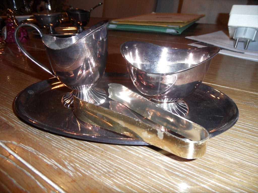 Verzilverd roomstel (incl. plateau en tang voor klontjes), Ophalen of Verzenden