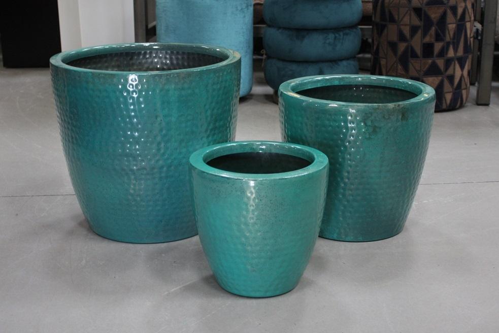 Hippe metalen bloempotten gehamerd blauw / groen 3 maten, 25 tot 40 cm, Rond, Ophalen of Verzenden, Minder dan 40 cm
