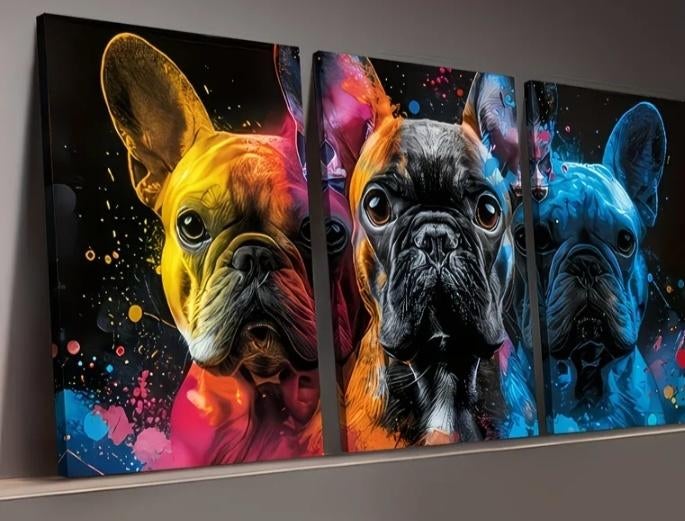 Franse bulldog drie luik canvas, Huis en Inrichting, Woonaccessoires | Wanddecoraties, Ophalen, Schilderij, Hout, Meerkleurig