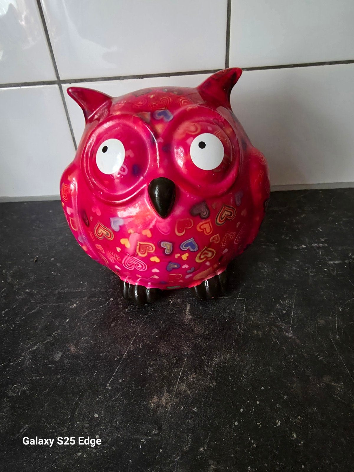 Leuke rode uil spaarpot met hartjespatroon, Ophalen of Verzenden, Gebruikt, Steen, Aardewerk of Keramiek, Dier