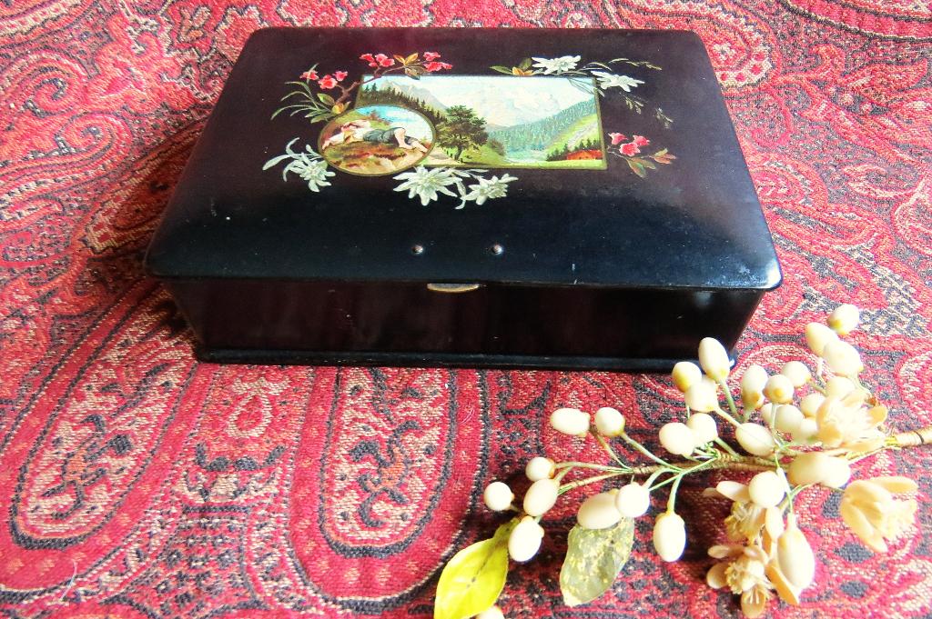 Antieke Zwitserse papier mache juwelen doosje c.1880-1900, Ophalen of Verzenden