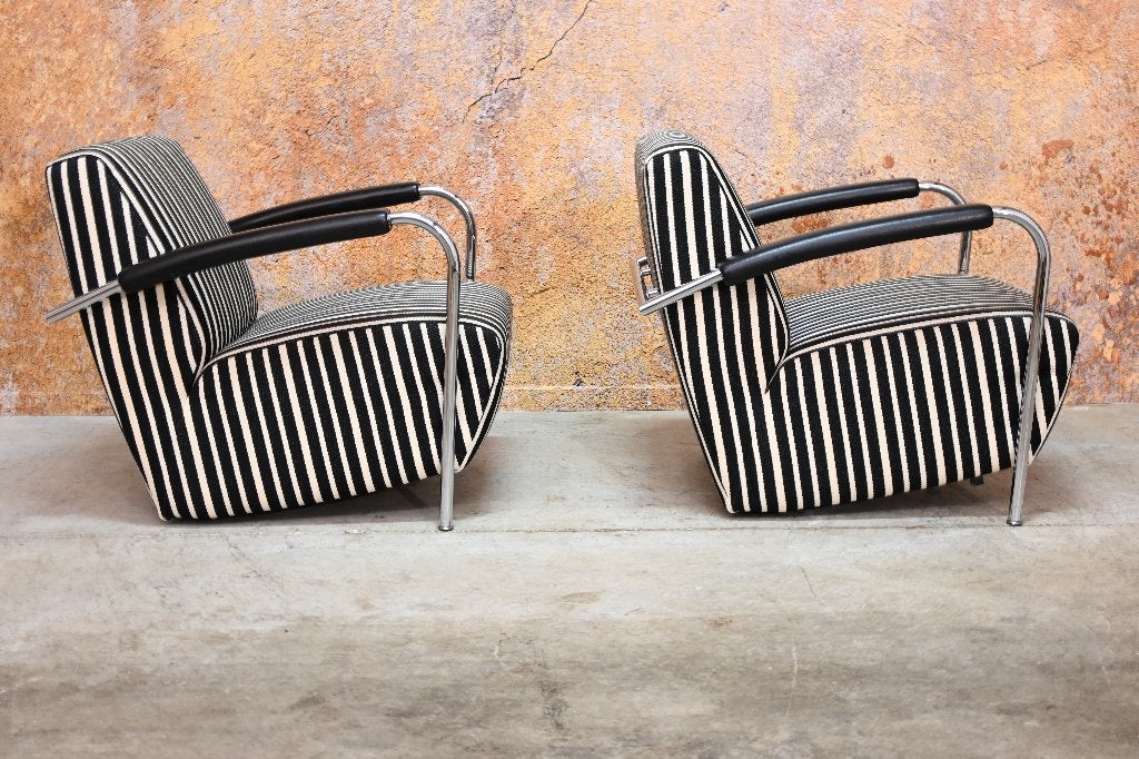 ZGANieuw 2 gestreepte stoffen Leolux Scylla design fauteuils, Leolux, Leolux, 75 tot 100 cm, Ophalen of Verzenden