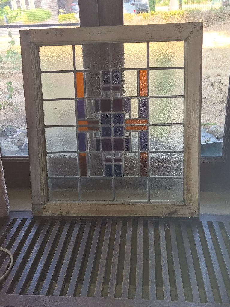 Art Deco Glas-in-loodraam 1930 Amsterdamse School Artikel 2, Meerkleurig, Handgemaakt, 62 cm, Ophalen