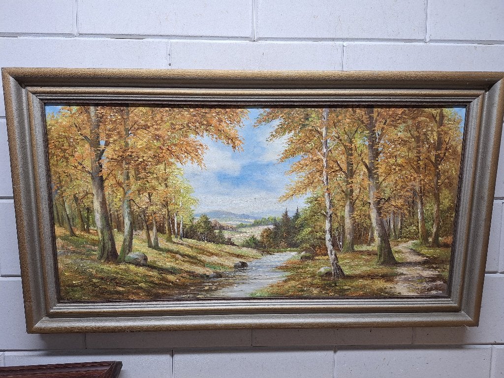 Mooi groot schilderij met een Boslandschap, Gebruikt, Oorspronkelijke maker, Ophalen of Verzenden, Schilderij