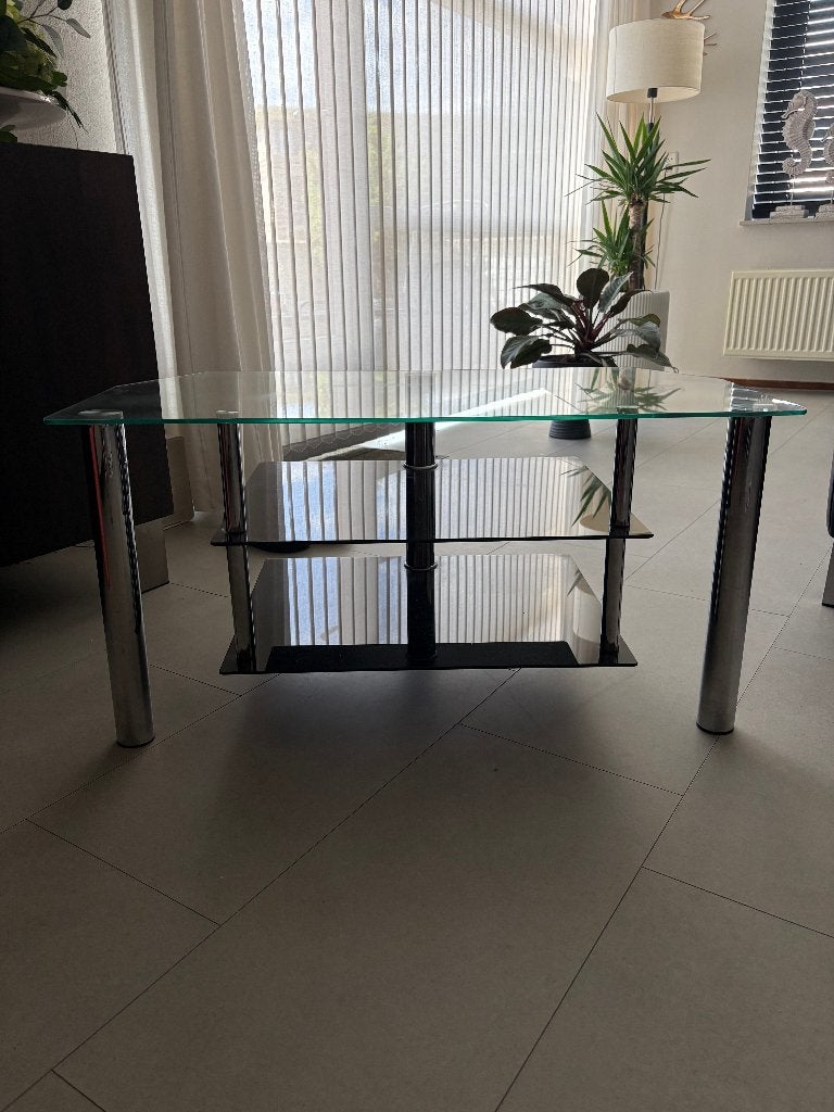 Glazen TV meubel met metalen poten, Ophalen, Gebruikt, 50 tot 100 cm, Glas
