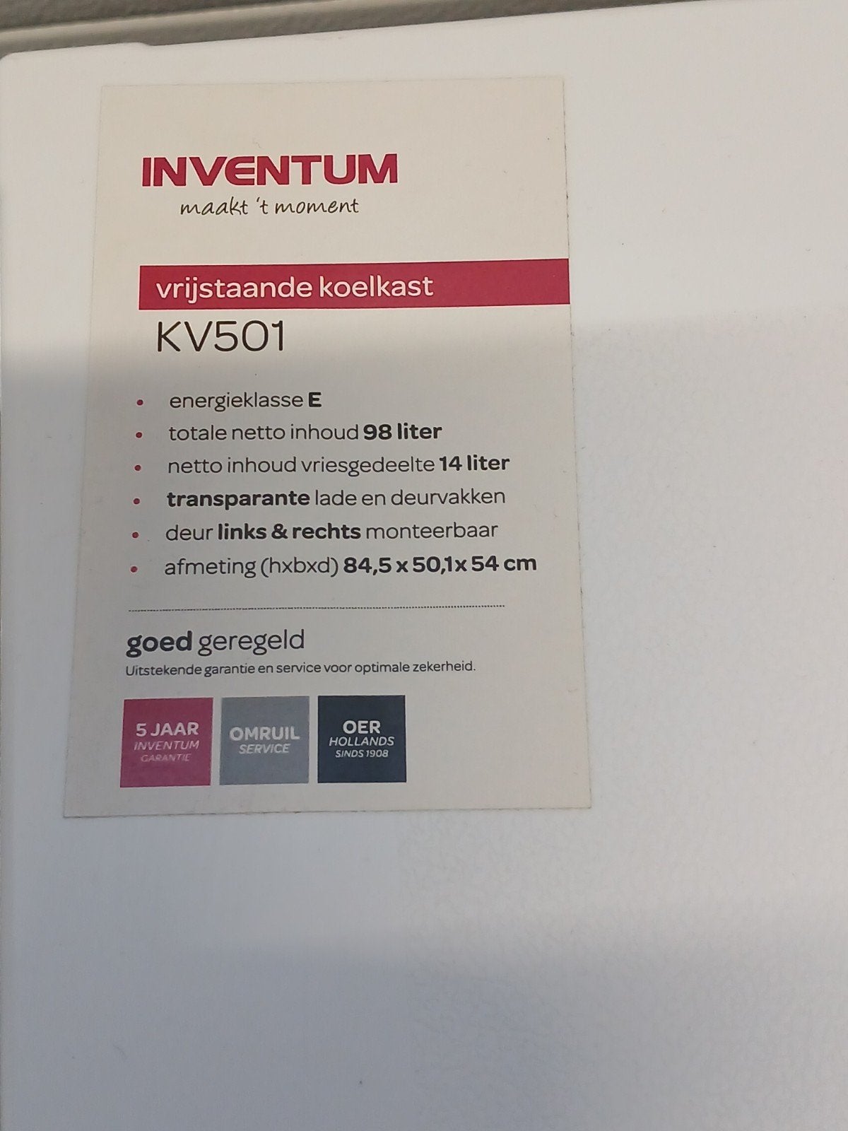 Inventum KV501 Vrijstaande Koelkast met Vriesvak, Gebruikt, 75 tot 100 liter, 45 tot 60 cm, Met vriesvak