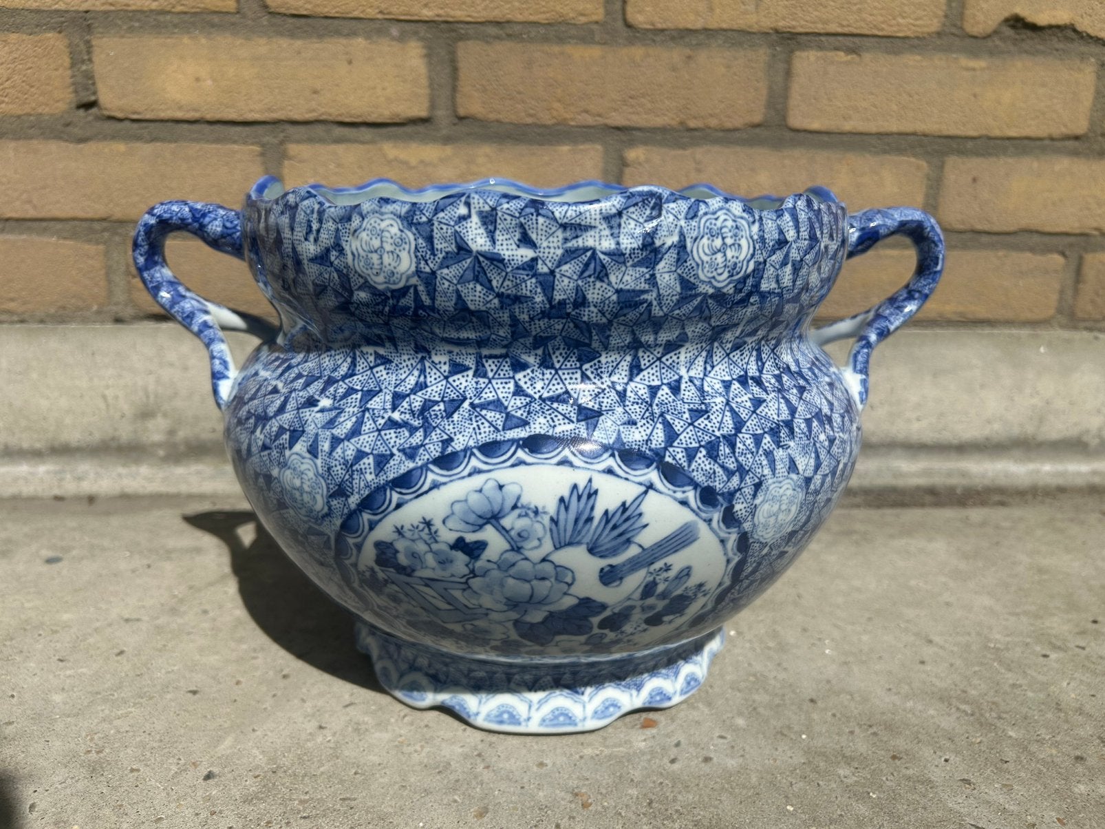 Grote blauw-witte porseleinen cachepot Chinoiserie - H22 cm, Rond, Ophalen of Verzenden, Tuin, Aardewerk